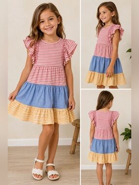 Girls' Pink, Blue & Yellow Tiered Stripe Dress